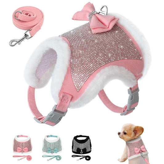 Rhinestone Dog Harness and Leash Set Soft Warm Pet Harness Vest Dogs Bowknot Harness Lead Adjustable For Chihuahua Dogs Cats