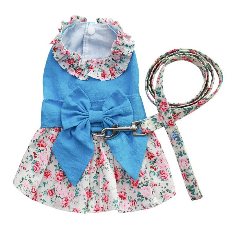 Floral Dog Dress Shirt Bowknot Skirt  with Matching Dog Leash Pet Puppy Skirt Spring Summer clothes apparel