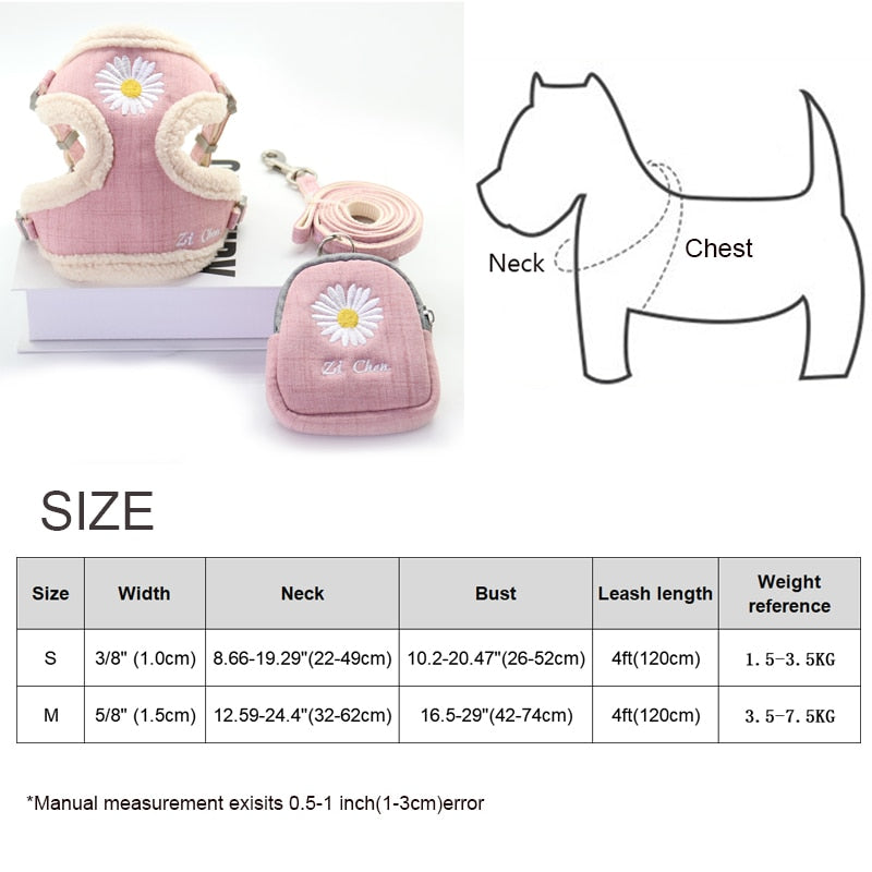 Dog Harness and Leash Set Snack Bag Soft Warm Embroidery Harnesses Leash for Small Medium Dogs Vest Outdoor Walking