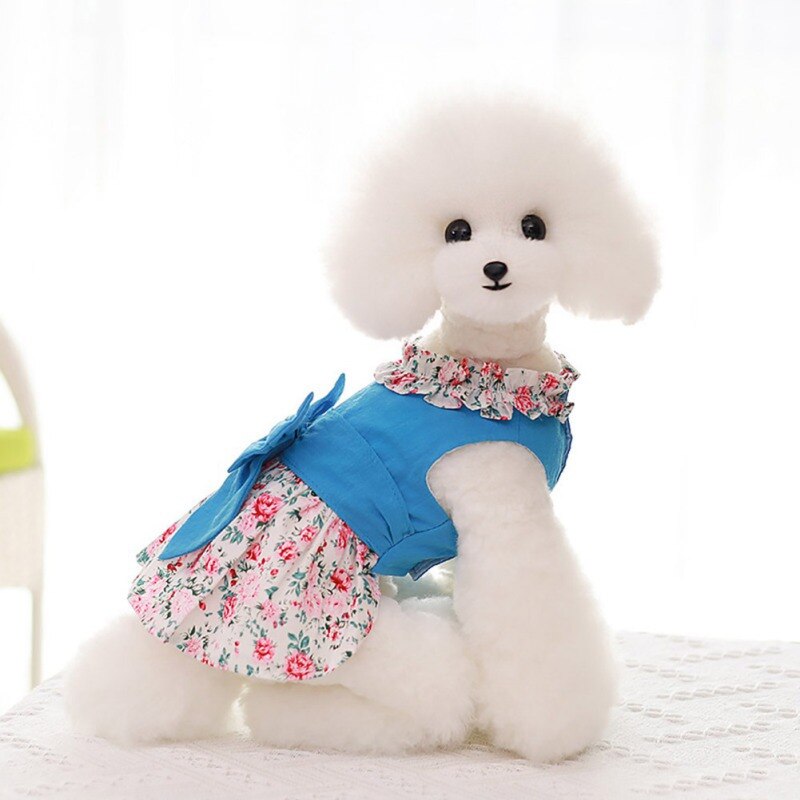 Floral Dog Dress Shirt Bowknot Skirt  with Matching Dog Leash Pet Puppy Skirt Spring Summer clothes apparel