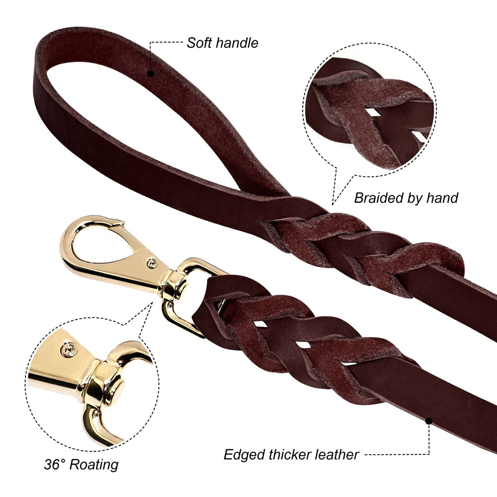 60 Inch Genuine Leather Dog Leash Strong Pet Dogs Lead Rope Large Dogs Walking Running Leashes for Pitbull German Shepherd