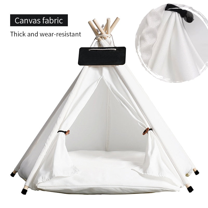 Pet Teepee Dog Cat Bed White Canvas Dog Cute House Portable Removable and Washable Dog Tents for Dog Puppy Cat (with Cushion)