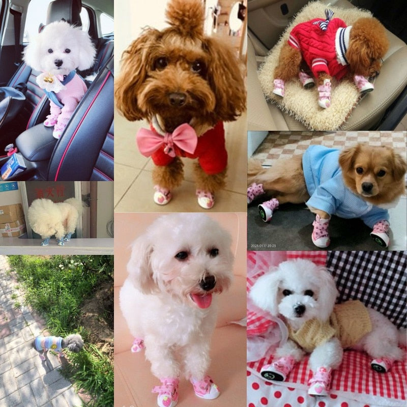 4pcs/set Pet Dogs Shoes for samll dogs Autumn Winter Outdoor Warm Anti-Slip Snow Boots Breathable Casual Puppy Canvas Sneakers