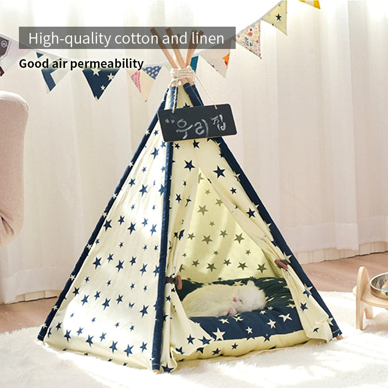 Pet Teepee Dog Cat Bed White Canvas Dog Cute House Portable Removable and Washable Dog Tents for Dog Puppy Cat (with Cushion)