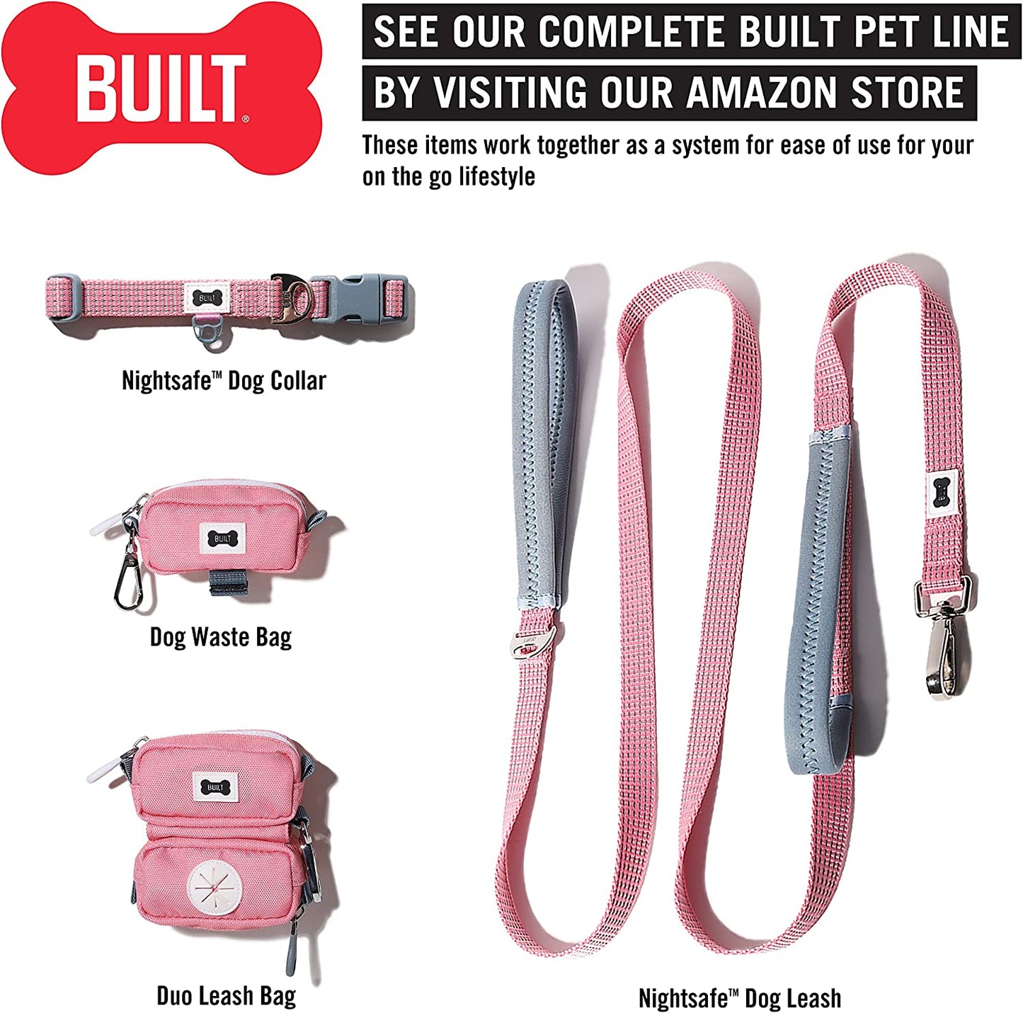 BUILT Duo Leash Bag (Pet Waste Bag & Treat Holder), Pink and Gray